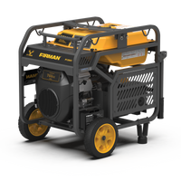 A FIRMAN Power Equipment Gas Portable Generator in yellow and black, with 15000W output, electric start, and 120/240V capability.