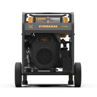 Front view of a FIRMAN Power Equipment Gas Portable Generator, featuring a 760cc engine with 15,000 starting watts and 12,000 running watts, and an electric start at 120/240V.