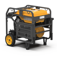 The FIRMAN Power Equipment Gas Portable Generator 15000W features a yellow and black design, an electric start, and is mounted on a wheeled metal frame for easy transport.