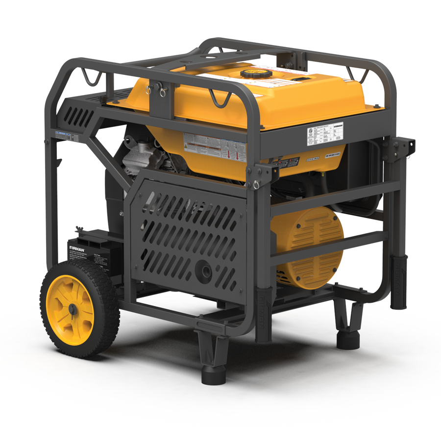 The FIRMAN Power Equipment Gas Portable Generator 15000W features a yellow and black design, an electric start, and is mounted on a wheeled metal frame for easy transport.