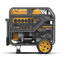 FIRMAN Power Equipment's Gas Portable Generator 15000W features an electric start, 120/240V compatibility, and a yellow top with multiple outlets.