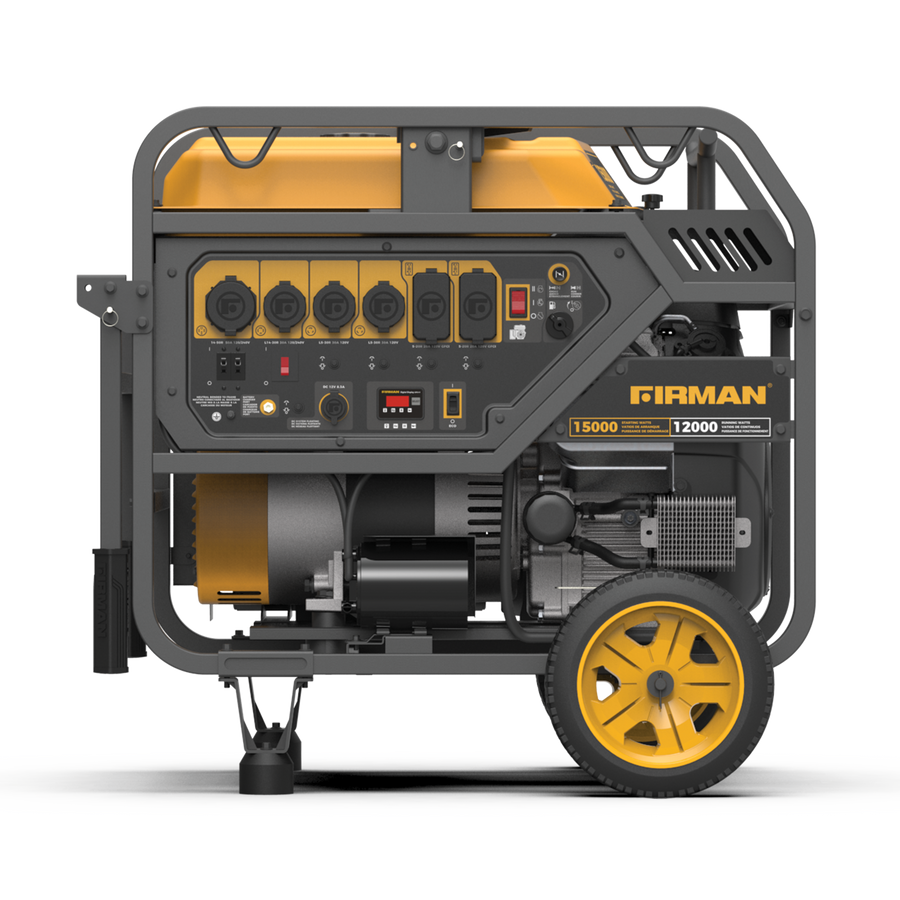 FIRMAN Power Equipment's Gas Portable Generator 15000W features an electric start, 120/240V compatibility, and a yellow top with multiple outlets.