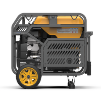 The FIRMAN Power Equipment Gas Portable Generator 15000W, in yellow and black, features an electric start, a protective frame, wheels for easy mobility, and offers 120/240V power.