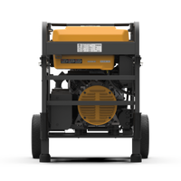 Front view of the FIRMAN Power Equipment Gas Portable Generator 15000W Electric Start 120/240V, showcasing its yellow and black design, wheels, and protective metal frame for enhanced mobility.