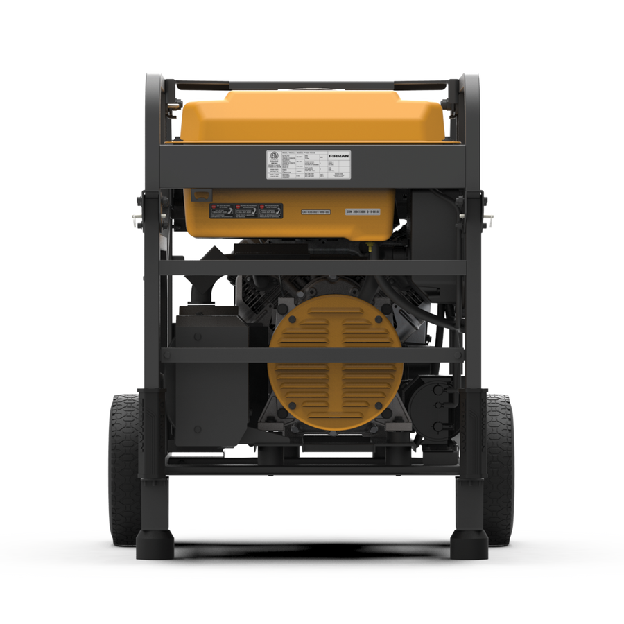 Front view of the FIRMAN Power Equipment Gas Portable Generator 15000W Electric Start 120/240V, showcasing its yellow and black design, wheels, and protective metal frame for enhanced mobility.
