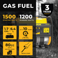 Advertisement for the FIRMAN Power Equipment Gas Portable Generator 1500W Recoil Start featuring key specifications such as starting watts, running watts, tank capacity, and warranty period, arranged around a central image of the yellow and black generator.