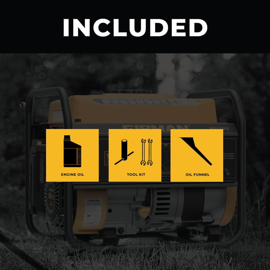 Advertisement for the FIRMAN Power Equipment Gas Portable Generator 1500W Recoil Start highlighting included accessories: engine oil, tool kit, and oil funnel, displayed against a dark, blurred background.