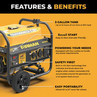 The FIRMAN Power Equipment Gas Portable Generator 4450W features a 5-gallon tank, recoil start, four 120V outlets, CO alert system, and a wheel kit with never-flat tires—ideal for emergency backup power.