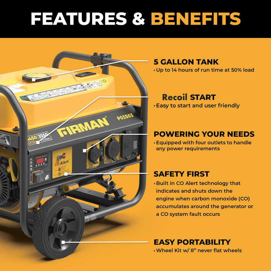 The FIRMAN Power Equipment Gas Portable Generator 4450W features a 5-gallon tank, recoil start, four 120V outlets, CO alert system, and a wheel kit with never-flat tires—ideal for emergency backup power.