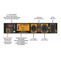 The image shows a control panel with labeled sockets and switches, perfect for camping or backup power needs. Labels include "4-1 Data-Minder," "120/240V Toggle Switch," "Engine Switch," "Carbon Monoxide Shutdown," and various power outlets, showcasing its versatile utility as the FIRMAN Power Equipment Gas Portable Generator 4550W Recoil Start 120/240V.