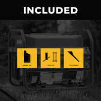 A FIRMAN Power Equipment Gas Portable Generator 4550W Recoil Start 120V with labels indicating included accessories: engine oil, tool kit, and oil funnel, ideal for backup power.