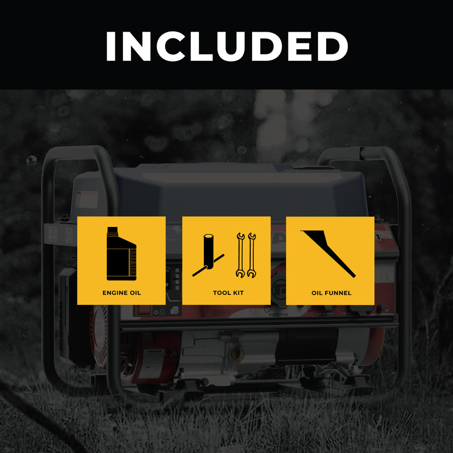 FIRMAN Power Equipment Gas Portable Generator 4550W Recoil Start 120V with icons showing included items: engine oil, tool kit, and oil funnel. Text "included" at the top. Perfect for camping trips.