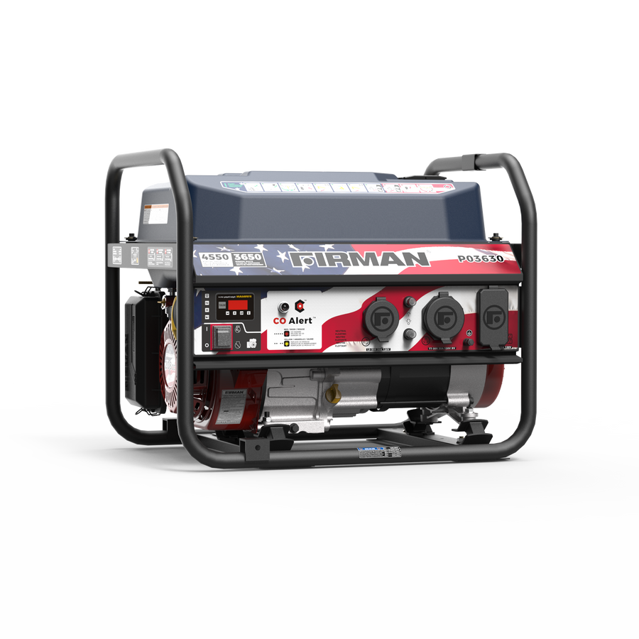 A FIRMAN Power Equipment Gas Portable Generator 4550/3650W Recoil Start with CO Alert Stars & Stripes, featuring a durable metal frame, convenient carrying handles, and an easy-to-use control panel—ideal for backup power or camping—is displayed on a white background.