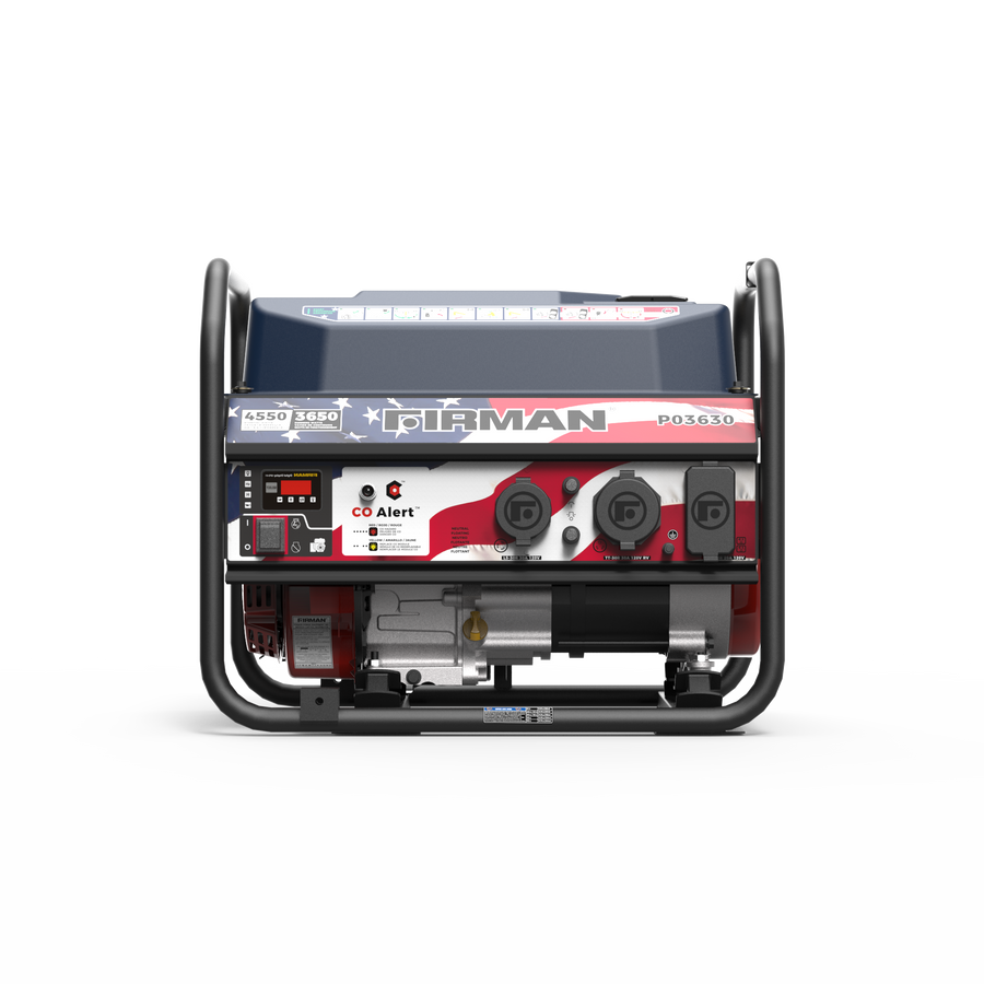 Showcased from the front against a plain background, the FIRMAN Power Equipment Gas Portable Generator 4550/3650W Recoil Start With CO Alert Stars & Stripes features a handy control panel, multiple outlets, integrated CO Alert for safety, and a sturdy carrying frame—making it an excellent choice for backup power on camping trips.