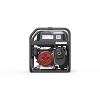A FIRMAN Power Equipment Gas Portable Generator 4550/3650W Recoil Start with CO Alert Stars & Stripes, featuring a sturdy black frame, a visible red engine, air filter, and warning labels—perfect for backup power or camping—photographed against a plain white background.