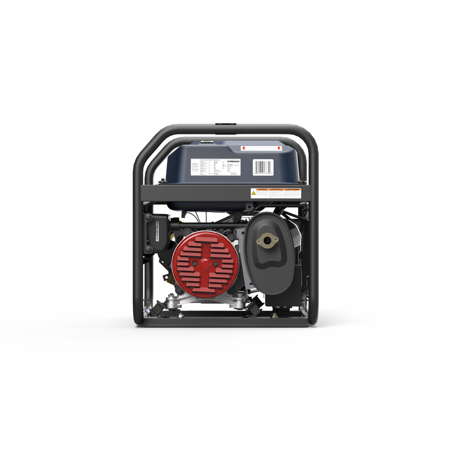 A FIRMAN Power Equipment Gas Portable Generator 4550/3650W Recoil Start with CO Alert Stars & Stripes, featuring a sturdy black frame, a visible red engine, air filter, and warning labels—perfect for backup power or camping—photographed against a plain white background.