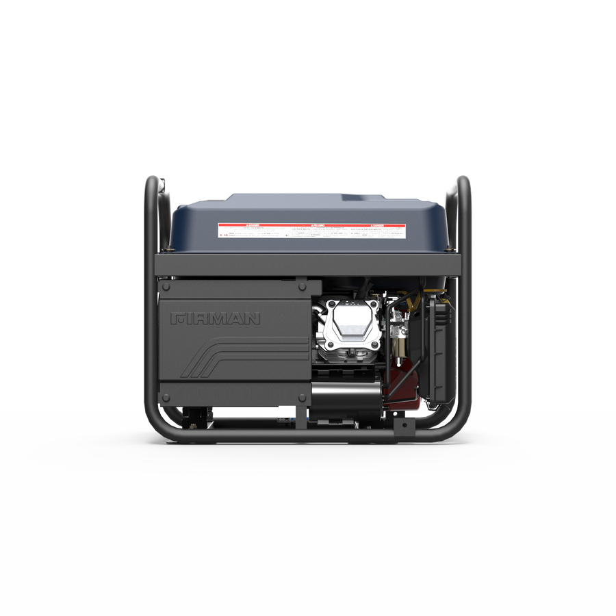 A FIRMAN Power Equipment Gas Portable Generator 4550/3650W Recoil Start with CO Alert Stars & Stripes, ideal for camping or backup power, is shown from the front on a plain white background, clearly displaying its engine and protective outer frame.