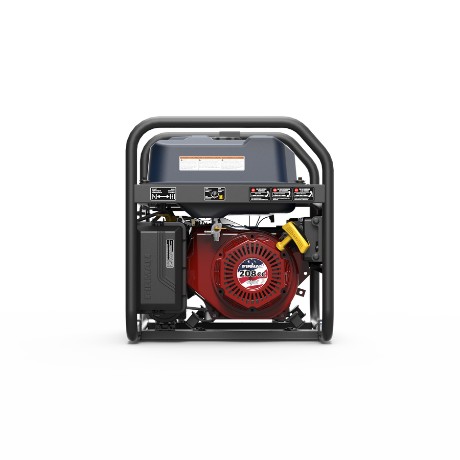 FIRMAN Power Equipment Gas Portable Generator 4550/3650W Recoil Start with CO Alert Stars & Stripes, featuring a black frame, red engine, and visible control panel, is photographed front-facing against a plain white background—ideal for providing reliable backup power during camping trips or emergencies.