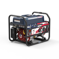 The FIRMAN Power Equipment Gas Portable Generator 4550/3650W Recoil Start with CO Alert Stars & Stripes features a black frame, bold blue and red casing, multiple power outlets, safety warning labels, and prominent “FIRMAN” branding—making it an ideal portable generator for camping adventures or dependable backup power at home.