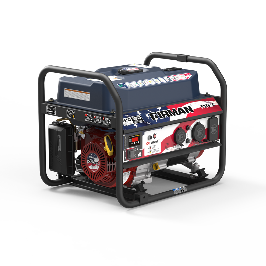 The FIRMAN Power Equipment Gas Portable Generator 4550/3650W Recoil Start with CO Alert Stars & Stripes features a black frame, bold blue and red casing, multiple power outlets, safety warning labels, and prominent “FIRMAN” branding—making it an ideal portable generator for camping adventures or dependable backup power at home.