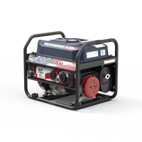 The FIRMAN Power Equipment Gas Portable Generator 4550/3650W Recoil Start With CO Alert Stars & Stripes features a sturdy black metal frame, user-friendly control panel, and striking red components, shown against a plain white background—making it an ideal backup power solution or camping companion.