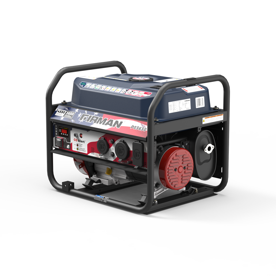 The FIRMAN Power Equipment Gas Portable Generator 4550/3650W Recoil Start With CO Alert Stars & Stripes features a sturdy black metal frame, user-friendly control panel, and striking red components, shown against a plain white background—making it an ideal backup power solution or camping companion.