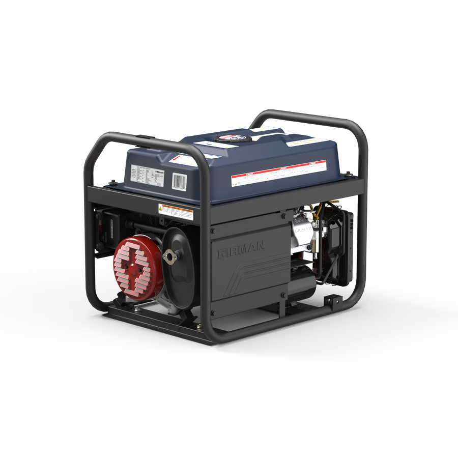 The FIRMAN Power Equipment Gas Portable Generator 4550/3650W Recoil Start With CO Alert Stars & Stripes features a blue and black frame with sturdy metal protective bars and a visible control panel on one side, photographed against a plain white background—ideal for providing backup power during emergencies or camping trips.