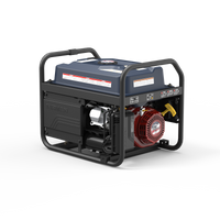 The FIRMAN Power Equipment Gas Portable Generator 4550/3650W Recoil Start With CO Alert Stars & Stripes features a protective frame, red engine, and black housing, making it ideal for camping or as reliable backup power. Displayed on a white background.