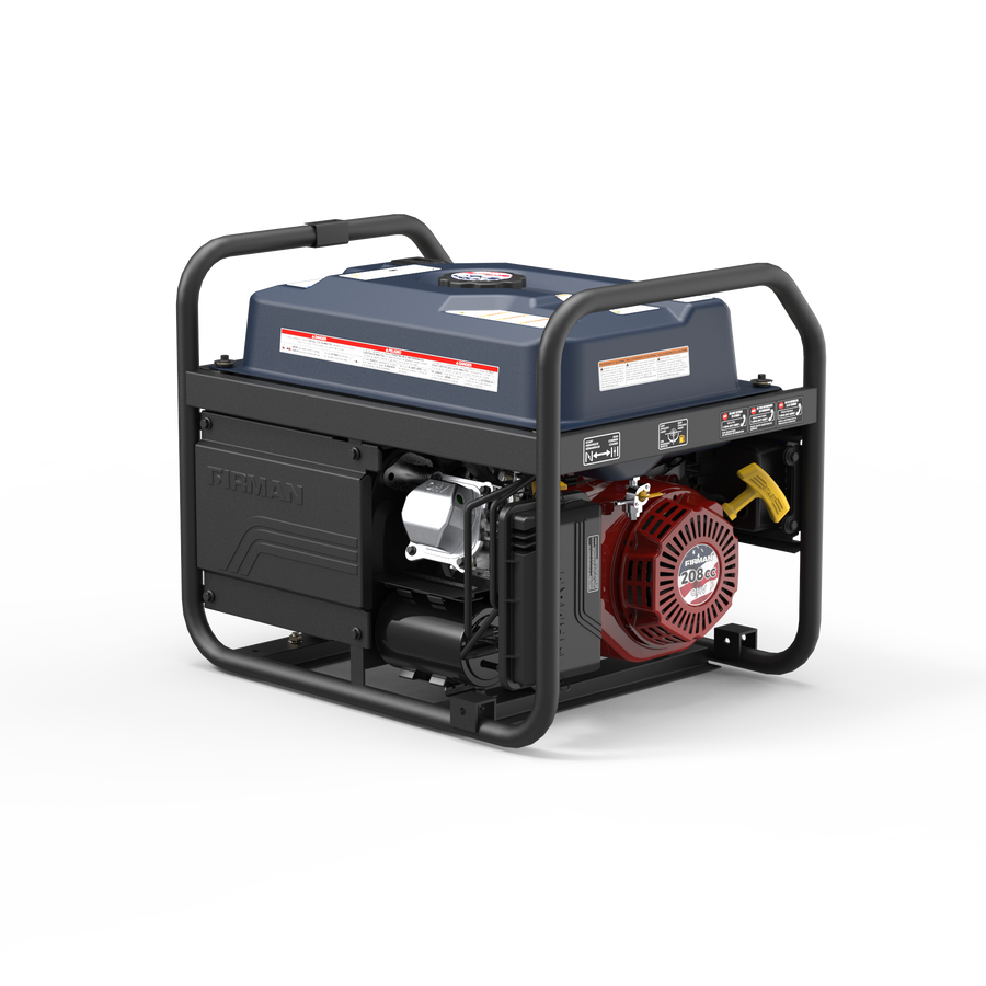 The FIRMAN Power Equipment Gas Portable Generator 4550/3650W Recoil Start With CO Alert Stars & Stripes features a protective frame, red engine, and black housing, making it ideal for camping or as reliable backup power. Displayed on a white background.