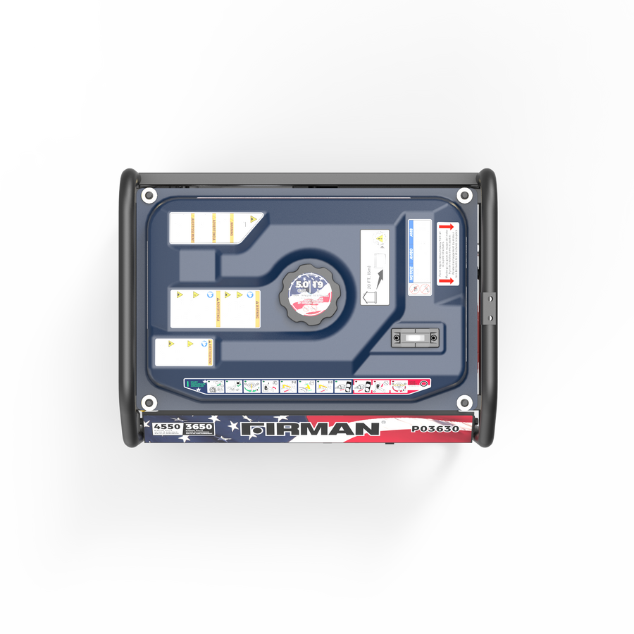 Top view of the FIRMAN Power Equipment Gas Portable Generator 4550/3650W Recoil Start With CO Alert Stars & Stripes, featuring various labels, warning stickers, a fuel cap, and protective side frames against a white background—an essential piece of equipment for camping trips or dependable backup power during outages.