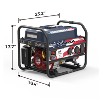 The FIRMAN Power Equipment Gas Portable Generator 4550/3650W Recoil Start With CO Alert Stars & Stripes features a sturdy protective frame, clearly labeled controls and outlets—ideal for camping trips or reliable backup power. Shown on a plain background, its dimensions are 23.2 inches wide, 17.7 inches high, and 16.4 inches deep.