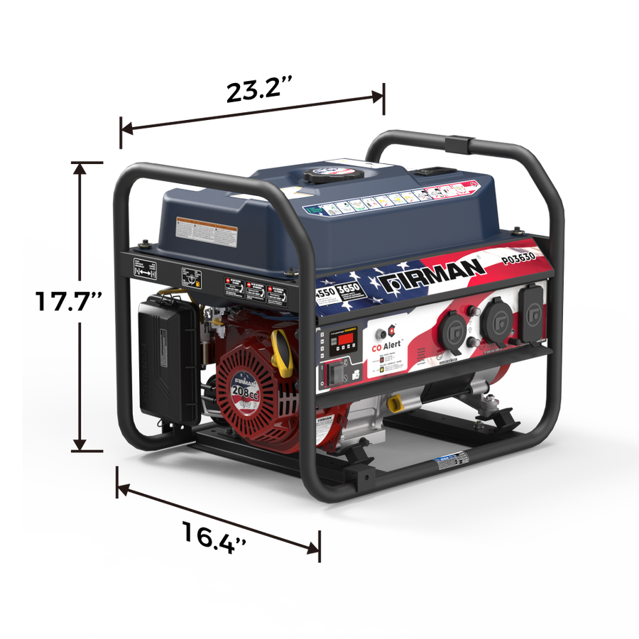 The FIRMAN Power Equipment Gas Portable Generator 4550/3650W Recoil Start With CO Alert Stars & Stripes features a sturdy protective frame, clearly labeled controls and outlets—ideal for camping trips or reliable backup power. Shown on a plain background, its dimensions are 23.2 inches wide, 17.7 inches high, and 16.4 inches deep.