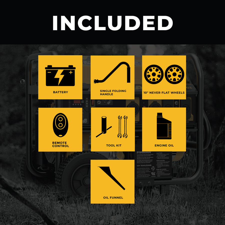 Graphic showcasing included accessories with a FIRMAN Power Equipment Gas Portable Generator 7125W Remote Start 120/240V, highlighting items like a battery, remote control, and tool kit against a black-and-yellow themed background.