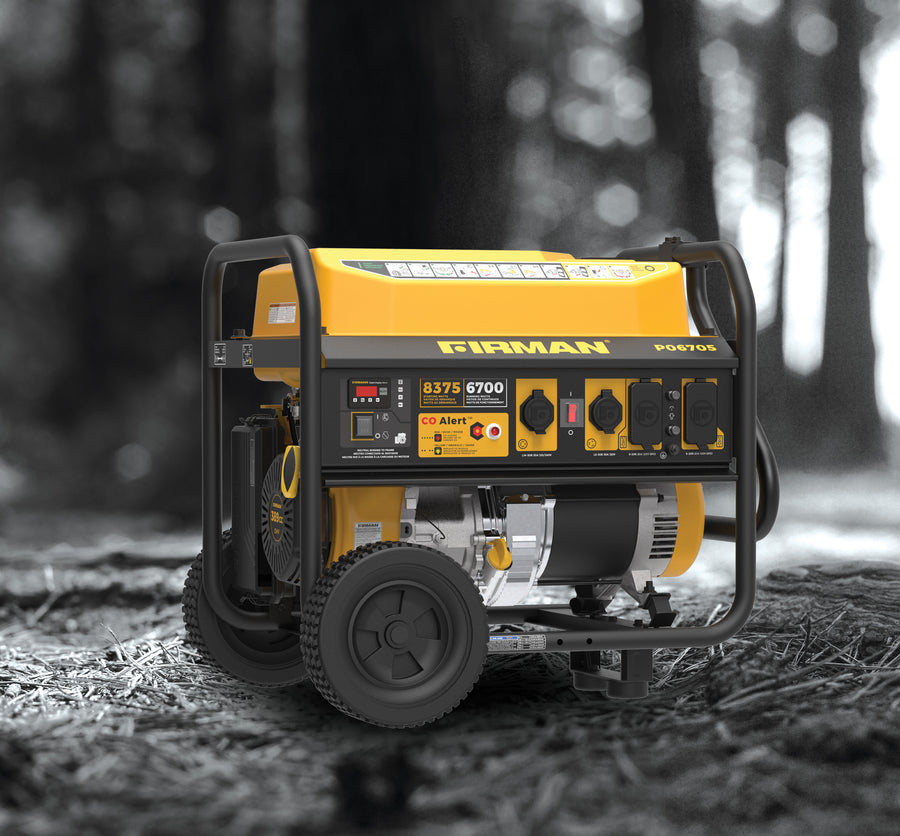 A yellow FIRMAN Power Equipment Gas Portable Generator 8350W Recoil Start 120/240V With CO Alert featuring various control knobs and outlets is placed on a forest floor in a wooded area, showcasing its CO Alert technology for enhanced safety.