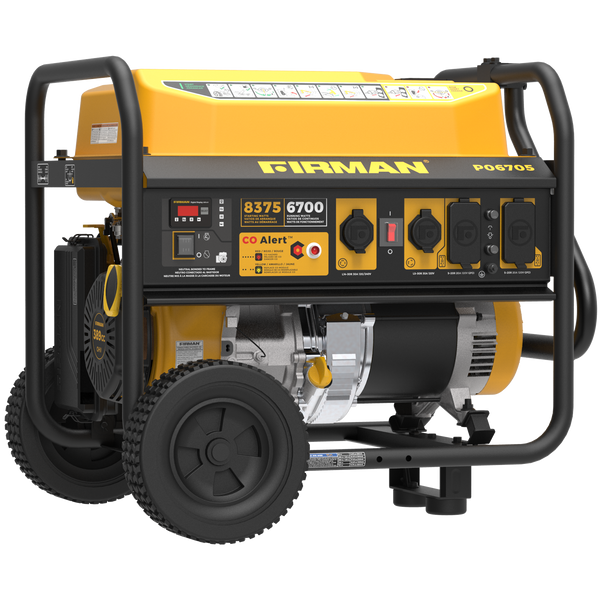 A yellow FIRMAN Power Equipment Gas Portable Generator 8350W Recoil Start 120/240V With CO Alert with black framework and wheels, featuring control panels, multiple outlets, and a handle for mobility, also includes CO Alert technology for safety.