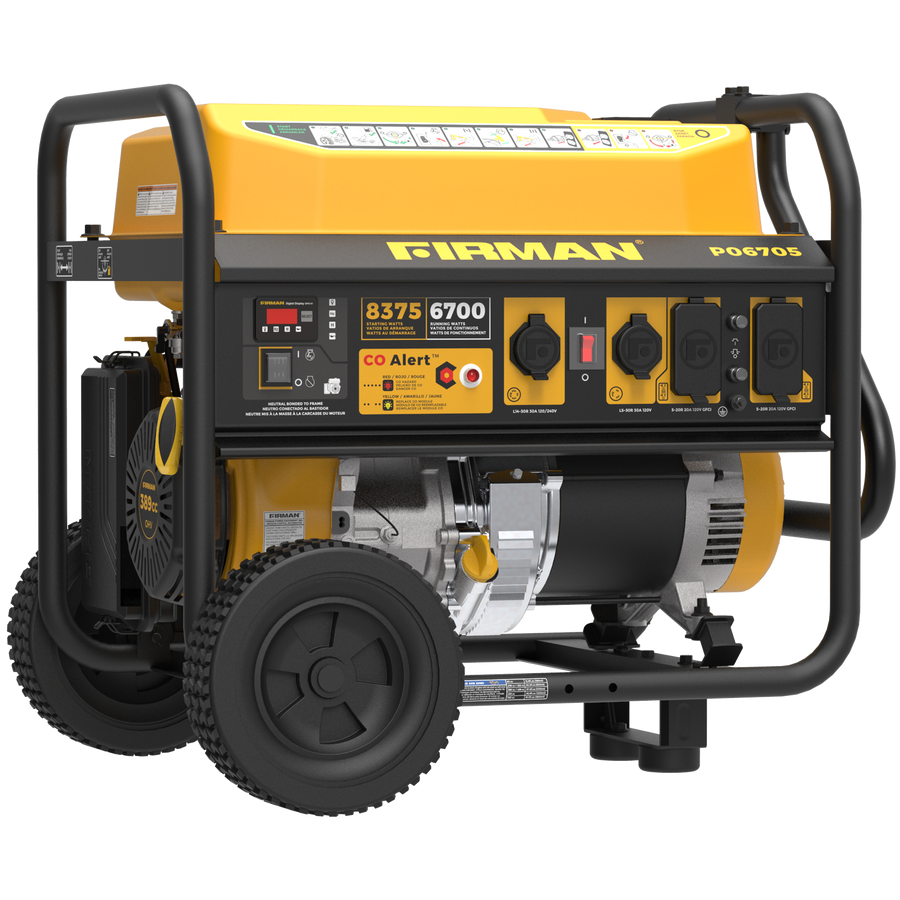 A yellow FIRMAN Power Equipment Gas Portable Generator 8350W Recoil Start 120/240V With CO Alert with black framework and wheels, featuring control panels, multiple outlets, and a handle for mobility, also includes CO Alert technology for safety.