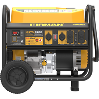 Image of a FIRMAN Power Equipment Gas Portable Generator 8350W Recoil Start 120/240V With CO Alert, displaying 8375 starting watts and 6700 running watts. The machine has a yellow and black design with multiple control panels and two wheels.
