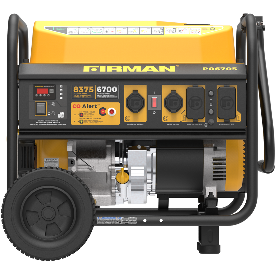 Image of a FIRMAN Power Equipment Gas Portable Generator 8350W Recoil Start 120/240V With CO Alert, displaying 8375 starting watts and 6700 running watts. The machine has a yellow and black design with multiple control panels and two wheels.