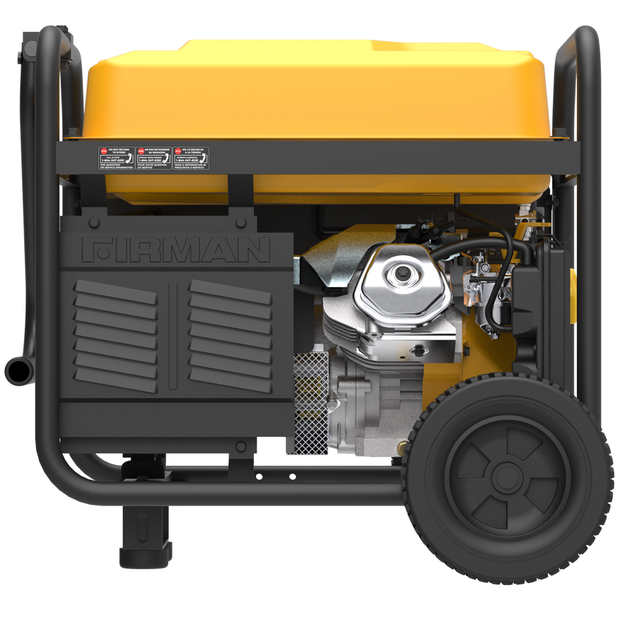 The FIRMAN Power Equipment Gas Portable Generator 8350W Recoil Start 120/240V With CO Alert is a yellow and black portable power generator with wheels and a handle, designed for easy transport and reliable outdoor power supply, featuring CO Alert technology for added safety.