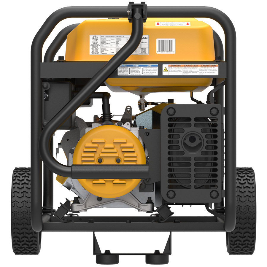 The FIRMAN Power Equipment Gas Portable Generator 8350W Recoil Start 120/240V With CO Alert features a yellow engine, black frame, and two wheels. From the front view, you can see the air vents, handle, and various labels on the engine casing. It also includes CO Alert technology for safety.