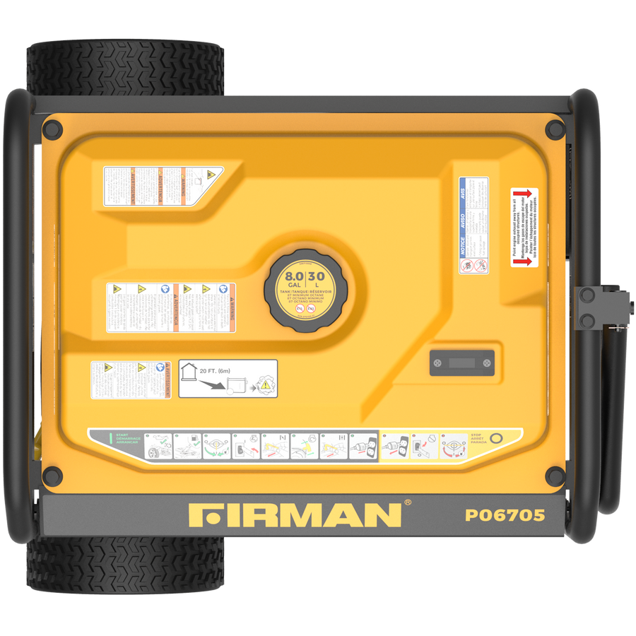 Top view of a yellow FIRMAN Power Equipment Gas Portable Generator 8350W Recoil Start 120/240V With CO Alert featuring wheels and various safety and operational labels, equipped with CO Alert technology for added safety.