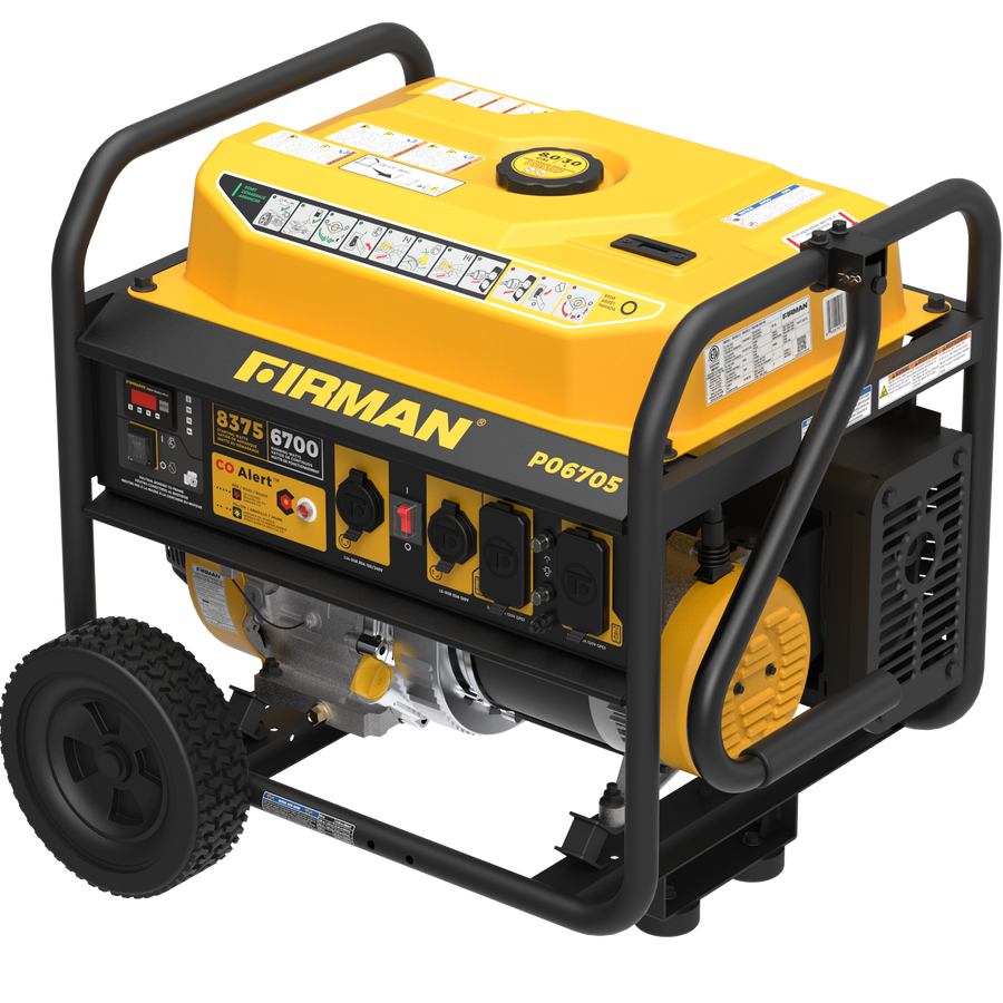 A yellow and black FIRMAN Power Equipment Gas Portable Generator 8350W Recoil Start 120/240V With CO Alert with wheels and multiple outlets, labeled with "8375/6700" power ratings, and featuring CO Alert technology.