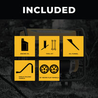 Image showing six highlighted items included with the FIRMAN Power Equipment Gas Portable Generator 8350W Recoil Start 120/240V With CO Alert: engine oil, tool kit, oil funnel, single folding handle, and 10" never flat wheels. The word "INCLUDED" is prominently displayed at the top. Plus, it features CO Alert technology for added safety.
