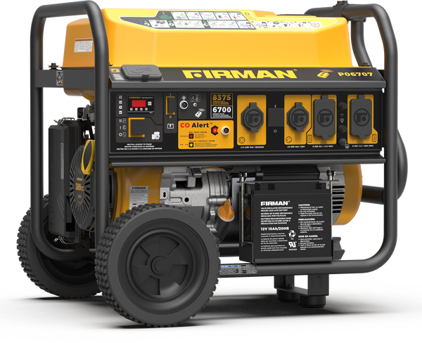 A portable FIRMAN Power Equipment GAS PORTABLE GENERATOR 8375W REMOTE START 120/240V, with a yellow top, control panel featuring multiple outlets, CO alert, and large black wheels for mobility, provides a reliable backup power source.