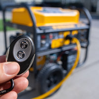 A hand holds a remote in front of the FIRMAN Power Equipment GAS PORTABLE GENERATOR 8375W REMOTE START 120/240V, connected with a heavy-duty power cable, highlighting its convenient remote start feature.