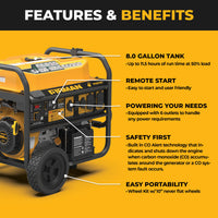 The FIRMAN Power Equipment GAS PORTABLE GENERATOR 8375W REMOTE START 120/240V features an 8.0-gallon tank, multiple outlets, CO alert, and a wheel kit—ideal for reliable backup power anywhere.