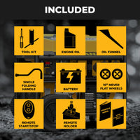 Grid of icons displays what’s included with the FIRMAN Power Equipment GAS PORTABLE GENERATOR 8375W REMOTE START 120/240V: tool kit, engine oil, oil funnel, folding handle, battery, wheels, remote start/stop with holder, and manuals for backup power.