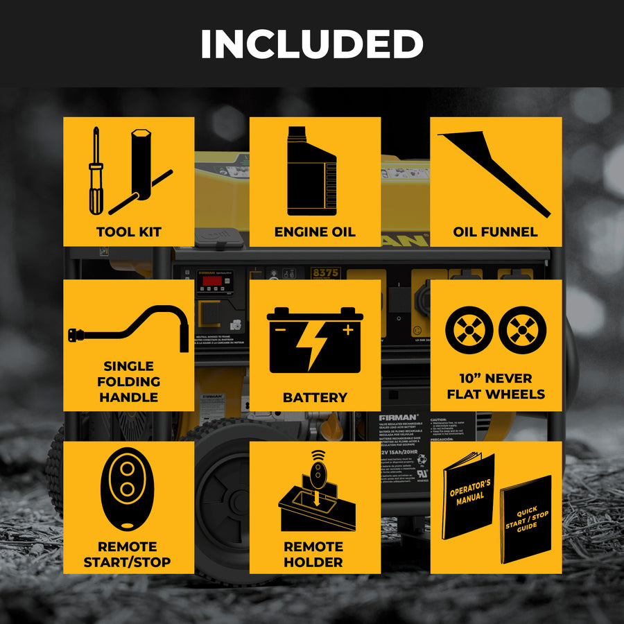 Grid of icons displays what’s included with the FIRMAN Power Equipment GAS PORTABLE GENERATOR 8375W REMOTE START 120/240V: tool kit, engine oil, oil funnel, folding handle, battery, wheels, remote start/stop with holder, and manuals for backup power.
