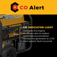 The FIRMAN Power Equipment GAS PORTABLE GENERATOR 8375W REMOTE START 120/240V includes a CO indicator light that signals engine shutdown from carbon monoxide buildup or a CO Alert fault, ensuring dependable and safe backup power.