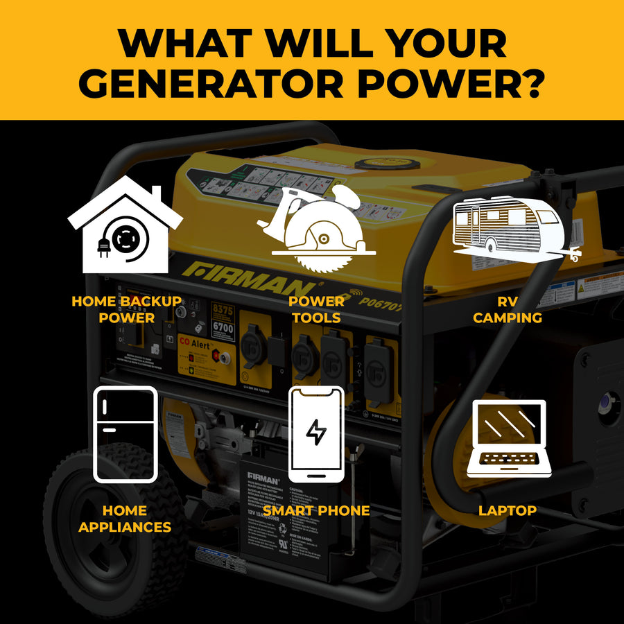 A FIRMAN Power Equipment GAS PORTABLE GENERATOR 8375W REMOTE START 120/240V delivers backup power for home appliances, smartphones, laptops, power tools, RV camping, and more.